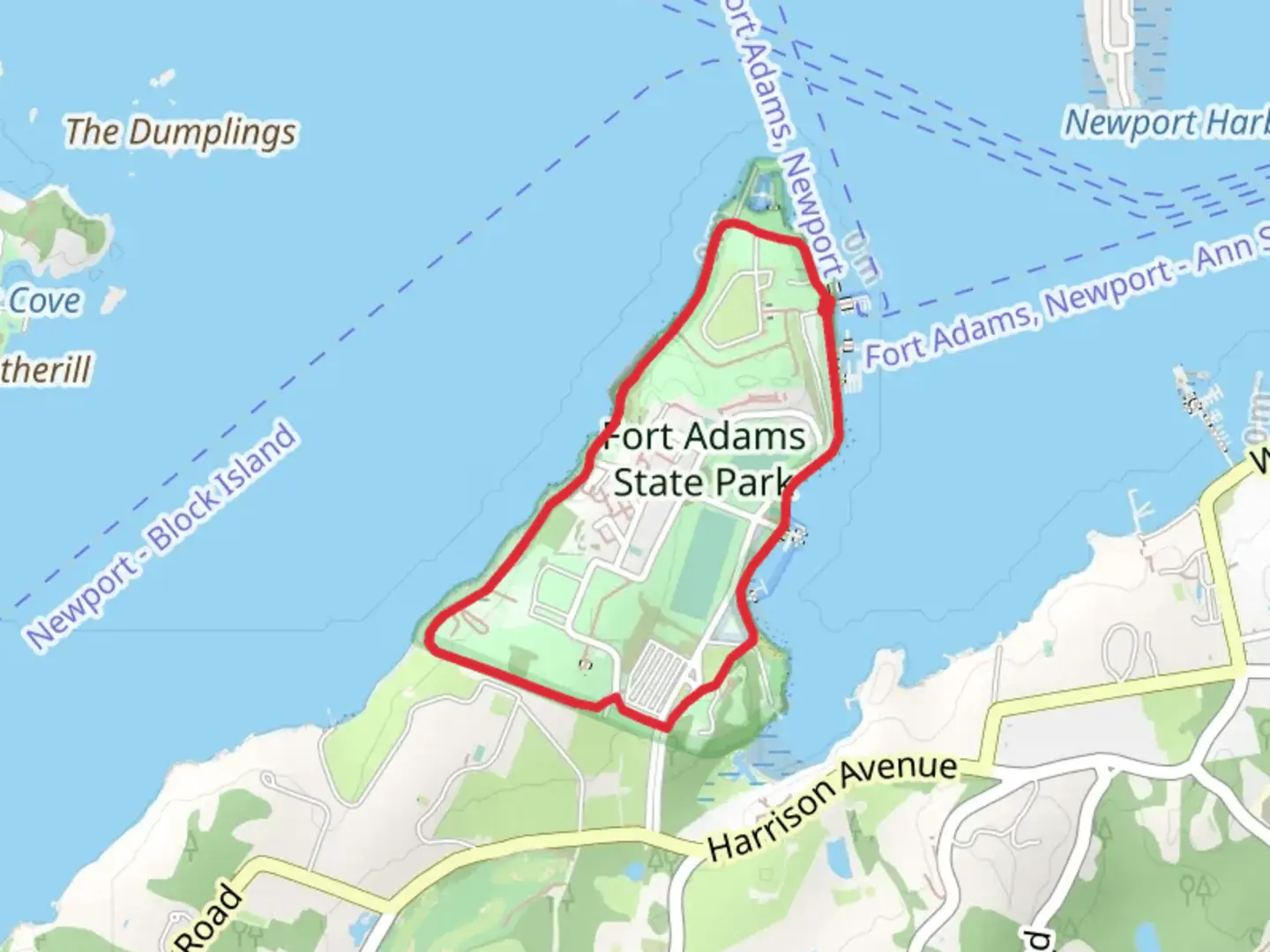 An image depicting the trail Fort Adams State Park Loop and its surrounding area.