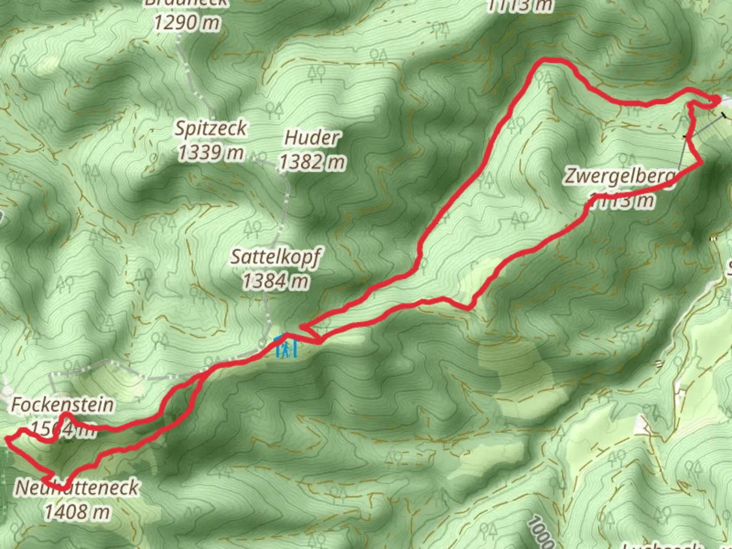 An image depicting the trail Fockenstein, Neuhüttenalm and Zwergelberg Loop and its surrounding area.