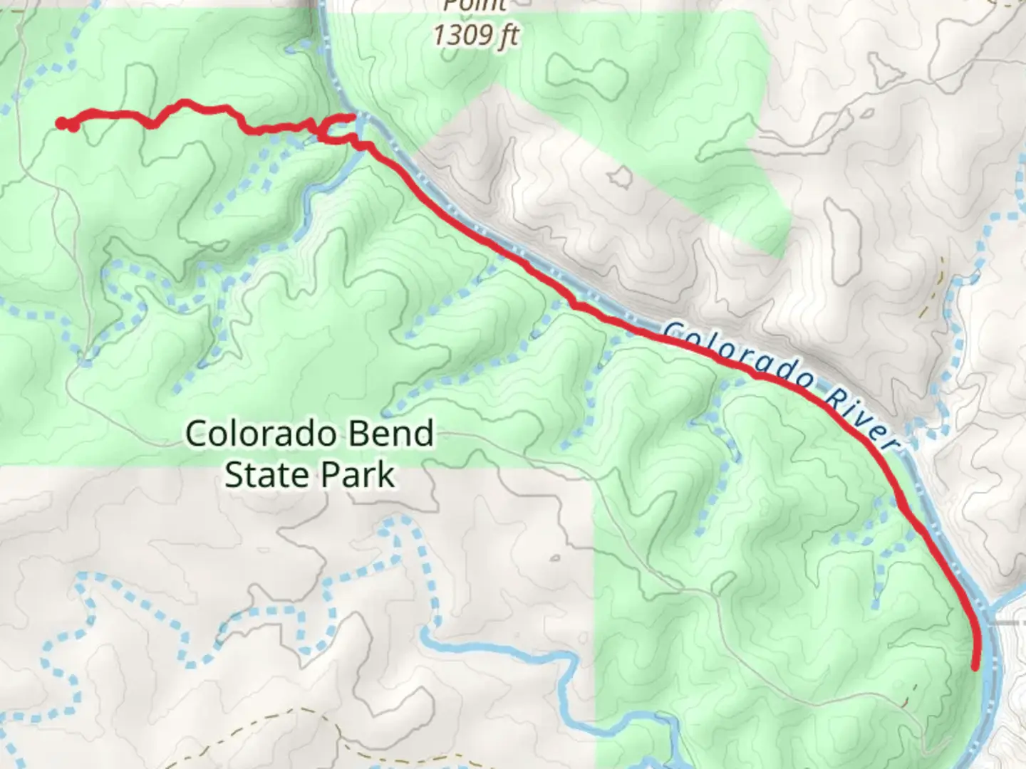 An image depicting the trail Gorman Falls and Colorado River and its surrounding area.