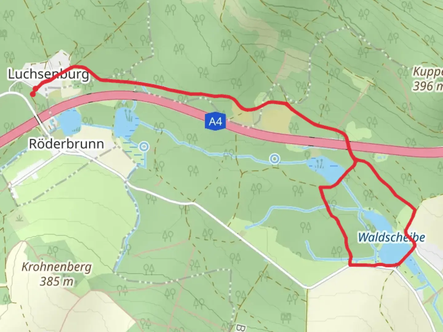 An image depicting the trail Grubenteich and Waldscheibe via Oberlausitzer Ringewg and its surrounding area.