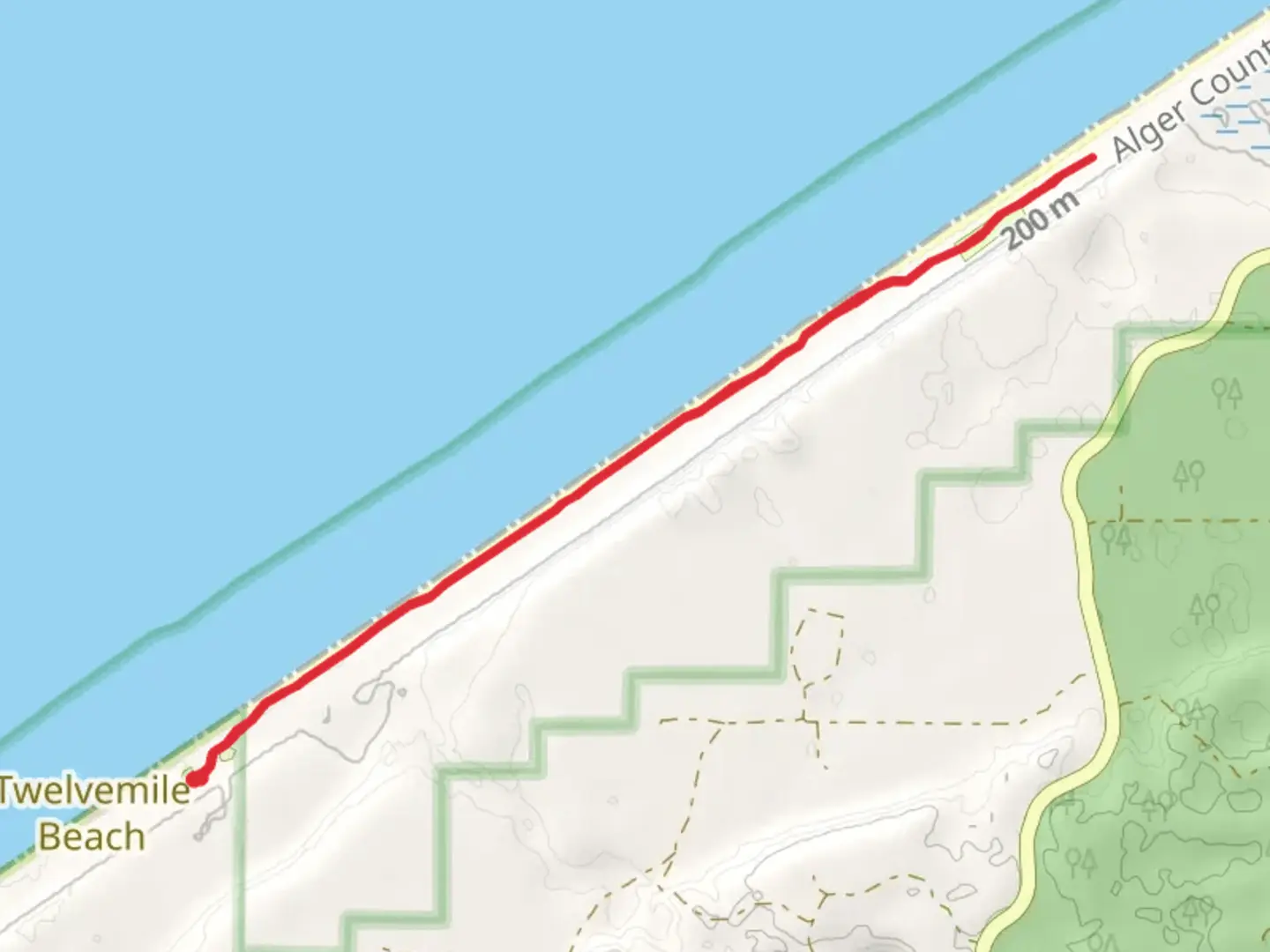 An image depicting the trail Sevenmile Campground to Au Sable Point Campground via North Country Trail and its surrounding area.