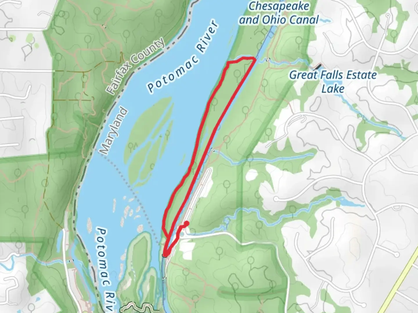 An image depicting the trail Chesapeake and Ohio Canal and River Loop Trail from MacArthur Boulevard and its surrounding area.