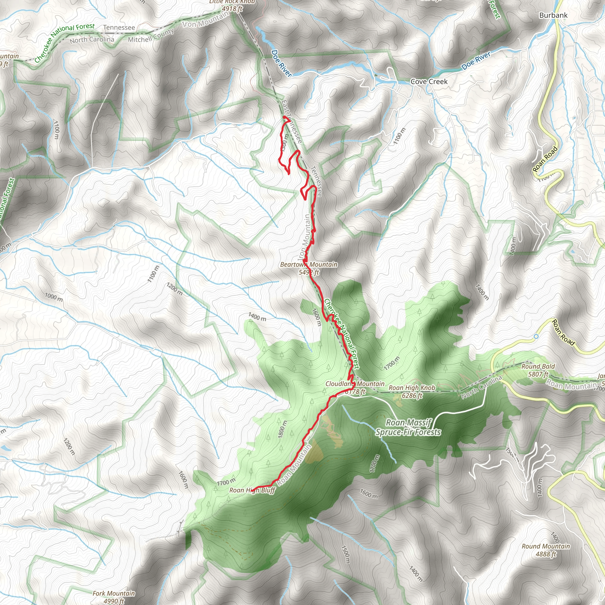 Beartown mountain and Roan High Bluff via Appalachian Trail mobile static map
