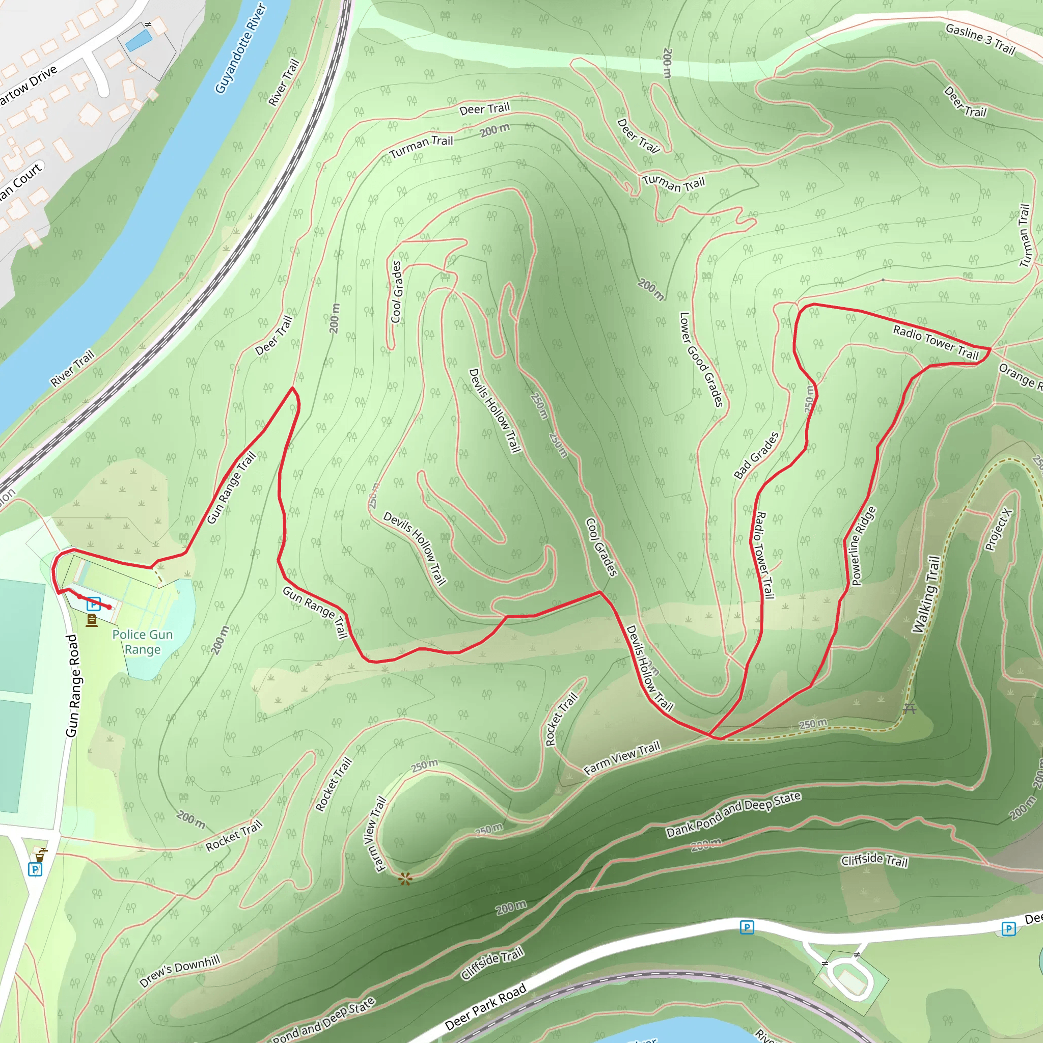 Gun Range Trail, Radio Tower Trail and Powerline Ridge Loop mobile static map
