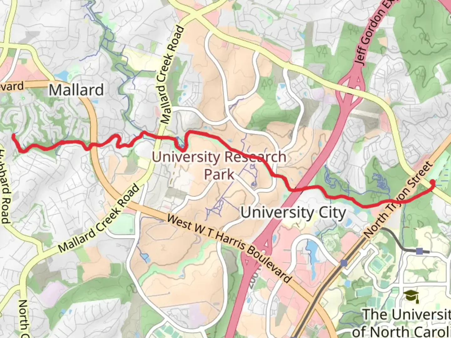 An image depicting the trail Mallard Creek Greenway and its surrounding area.