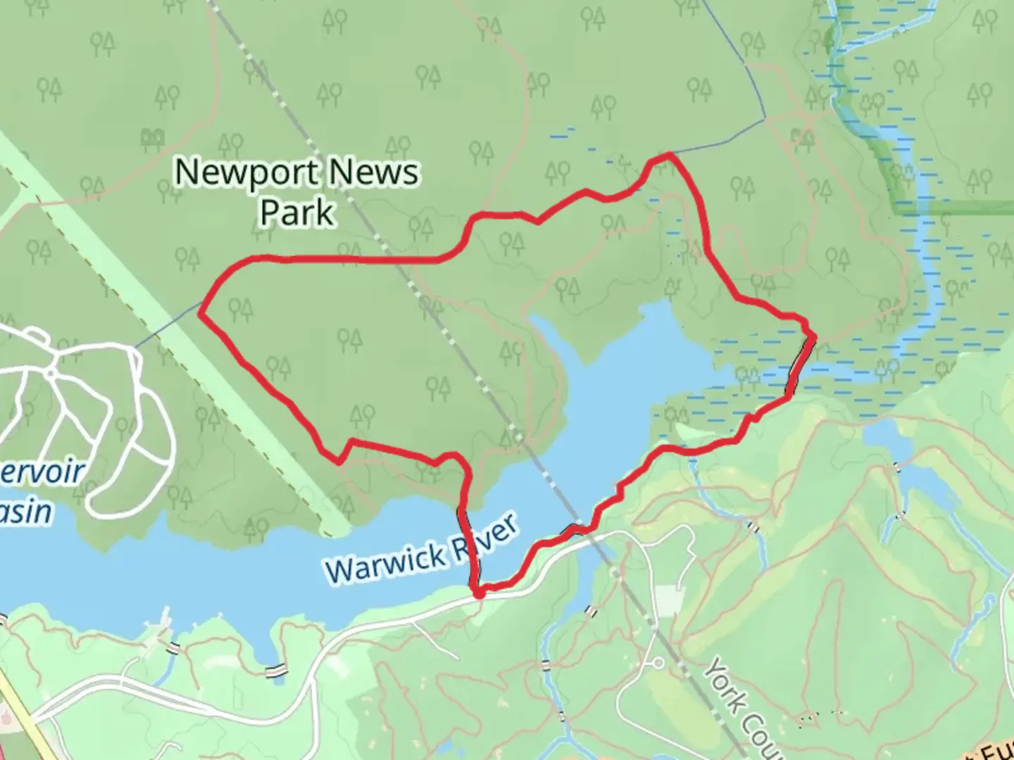 An image depicting the trail Newport News Park and Warwick River Loop and its surrounding area.