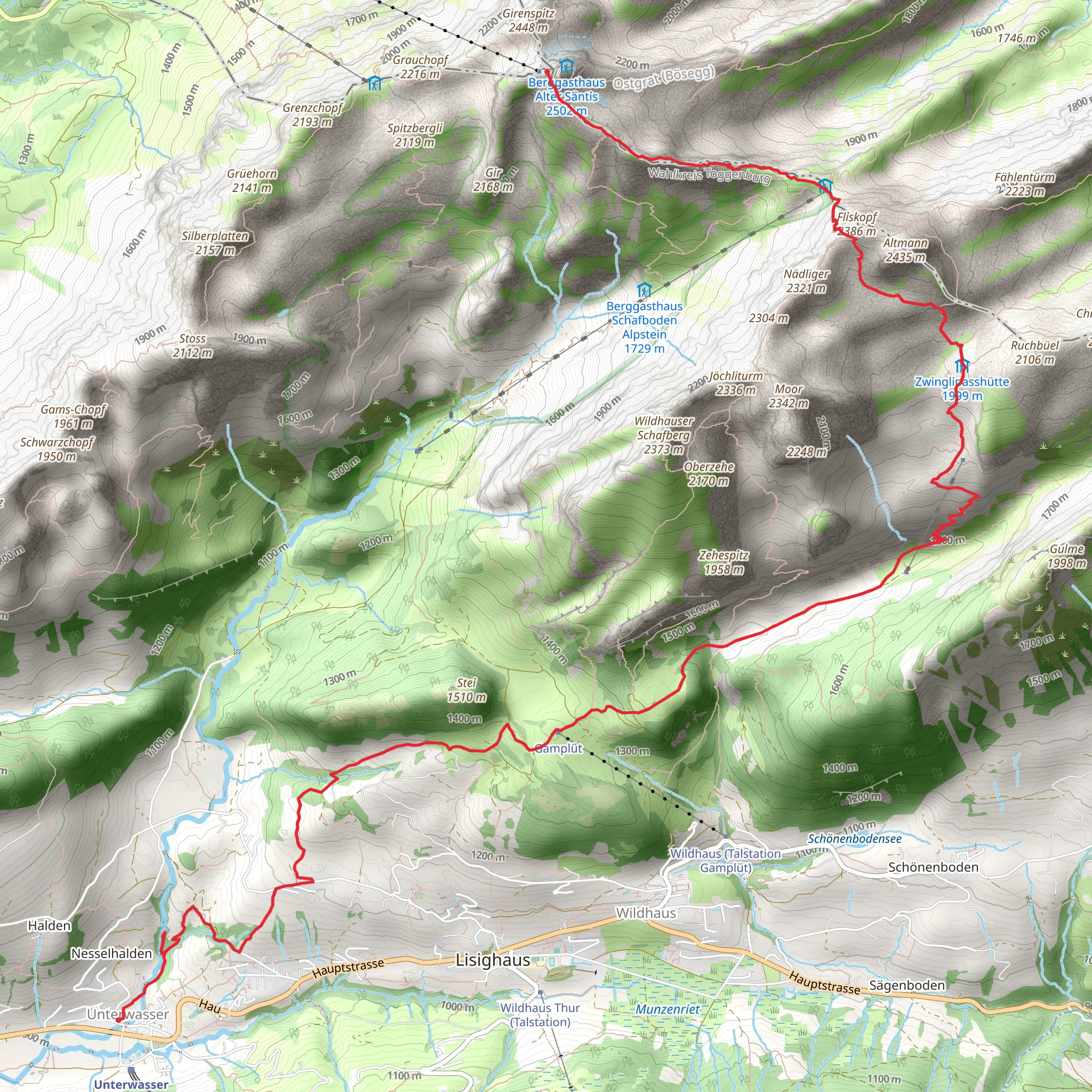 Lisengrat Ridge from Säntis to Unterwasser mobile static map