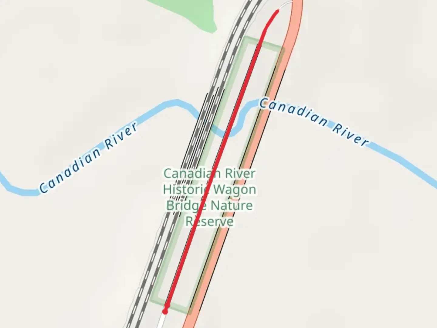 An image depicting the trail Canadian River Historic Wagon Bridge Walk and its surrounding area.