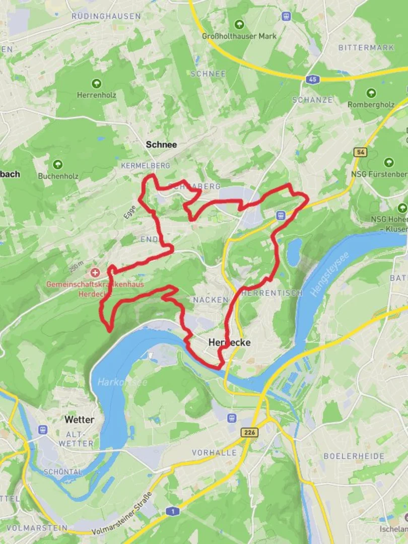 An image depicting the trail Herdecke Loop via Harkortsee and Auf dem Heil and its surrounding area.