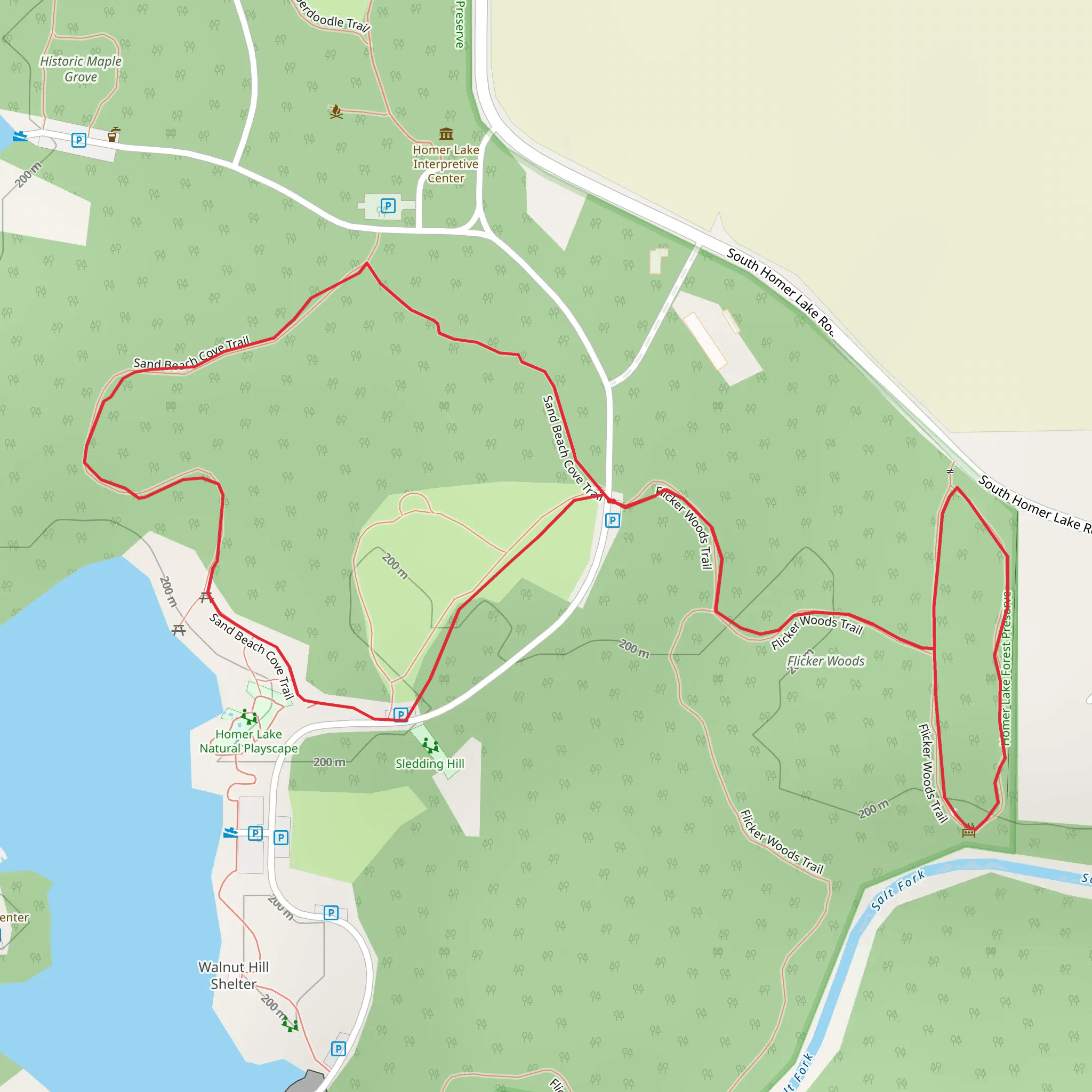 Flicker Woods Trail and Sand Beach Cove Trail mobile static map