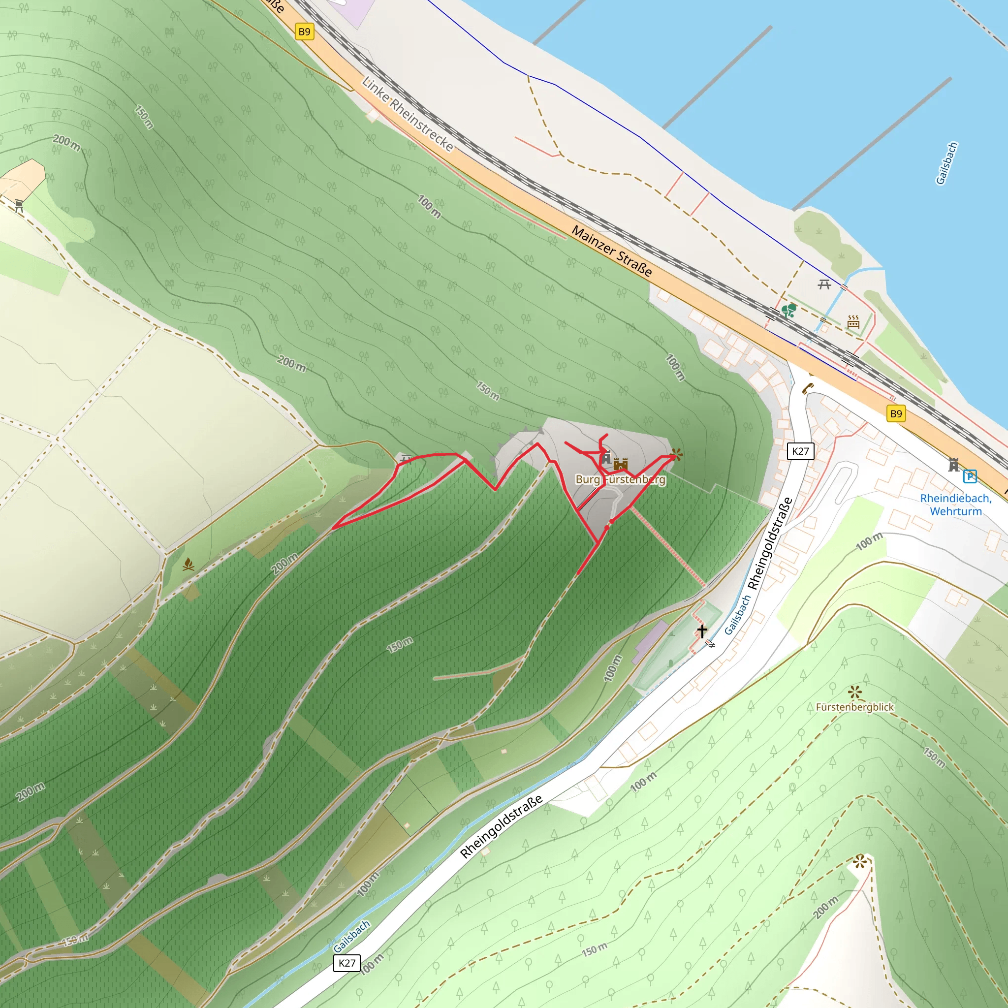 Fürstenberg Castle via Welterbesteig Oberes Mittelrheintal mobile static map