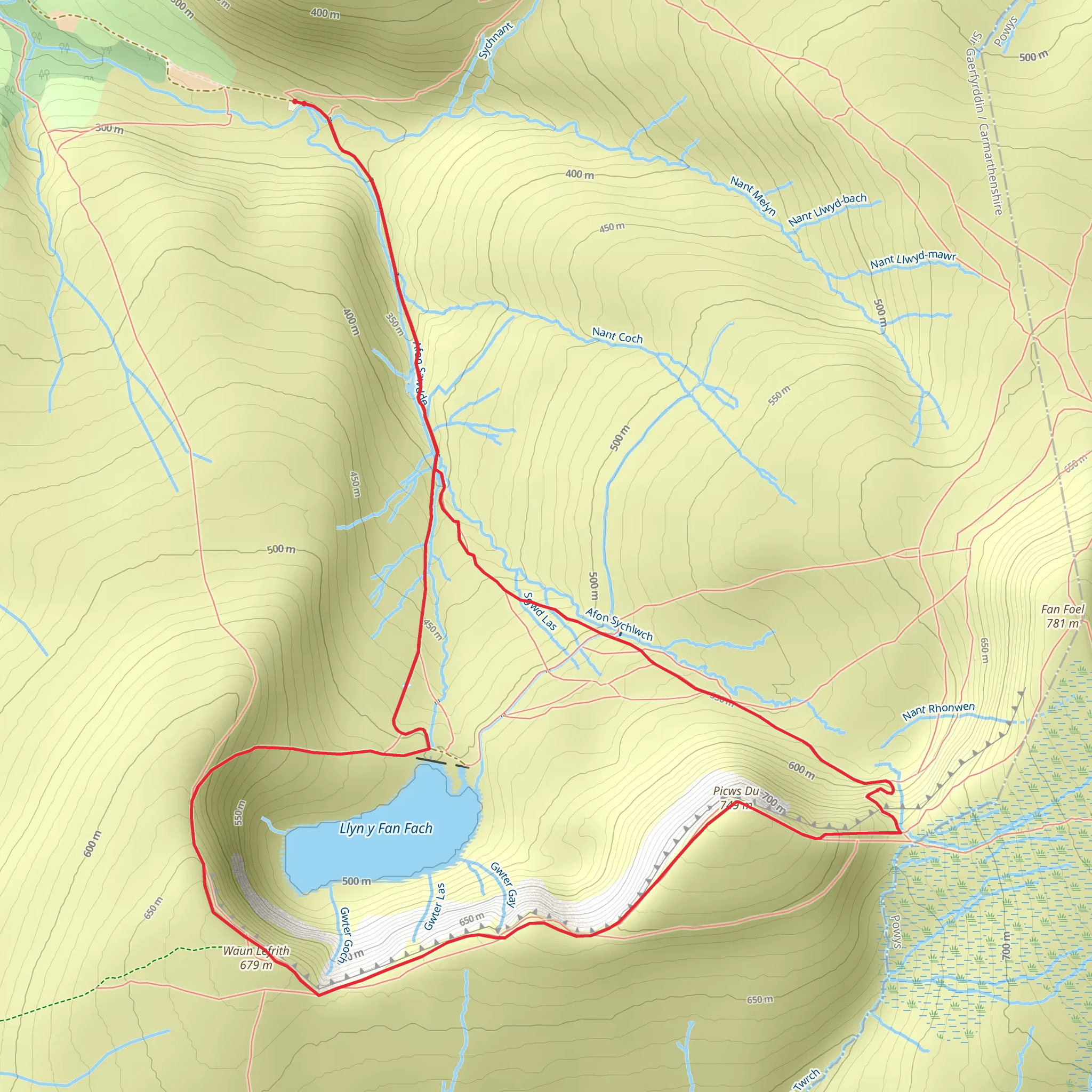 Picws Du and Llyn y Fan Fach from near Llanddeusant mobile static map