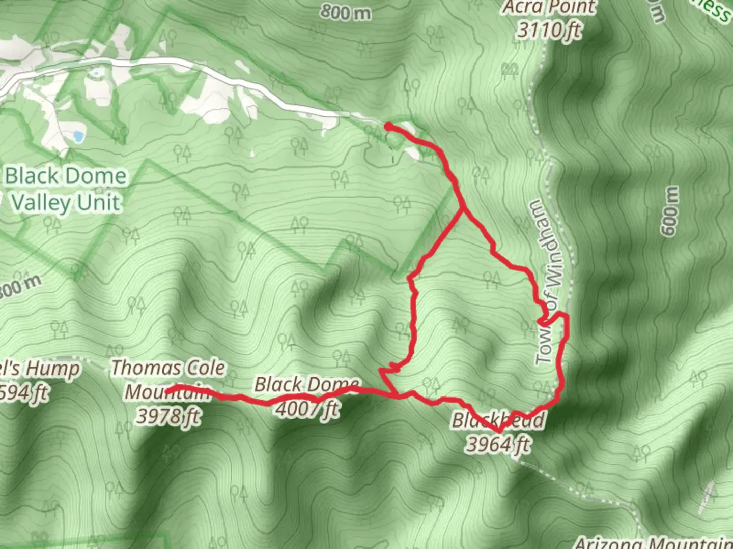 An image depicting the trail Thomas Cole Mountain and Black Dome Loop and its surrounding area.