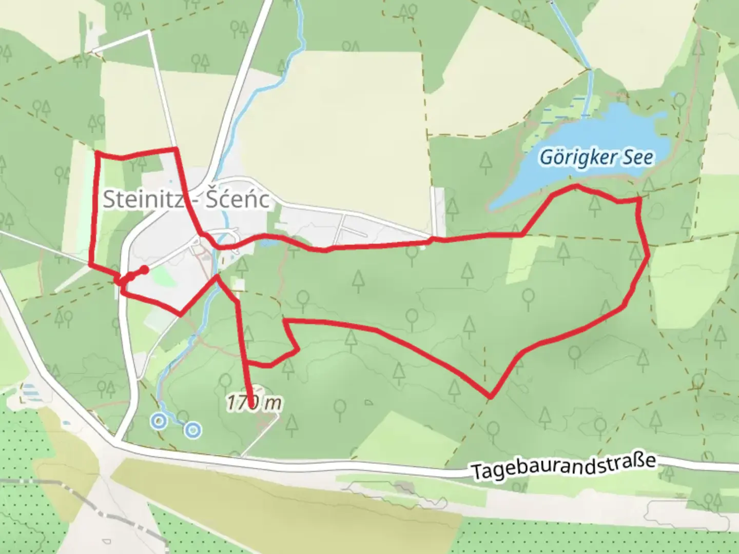 An image depicting the trail Steinitzer Treppe via Görigker Weg and Weg am Herrenhaus and its surrounding area.