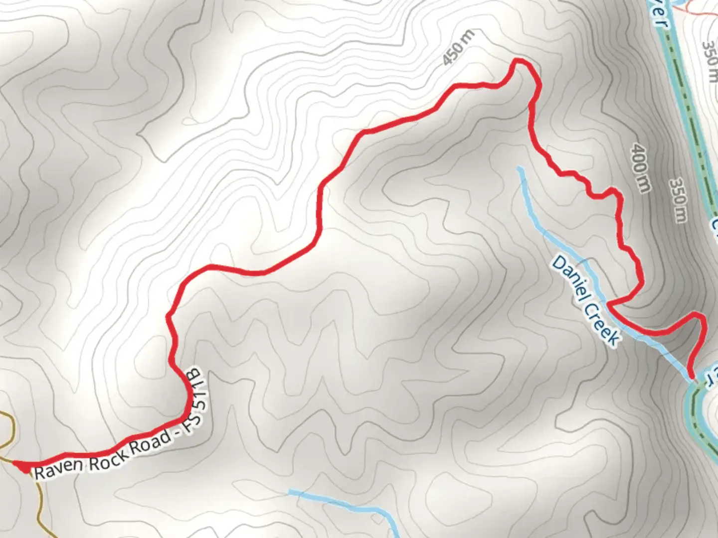 An image depicting the trail Raven Rock Road to Daniel Creek and its surrounding area.