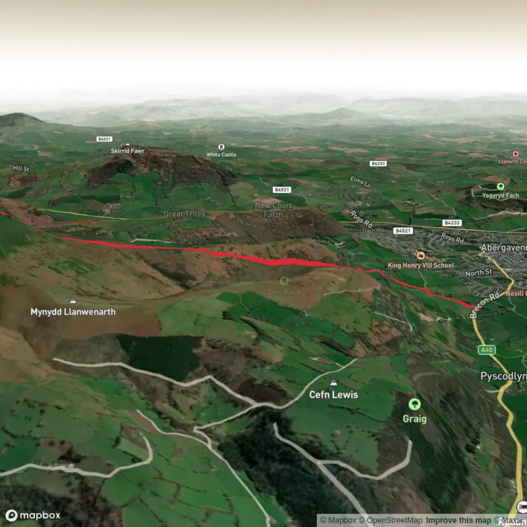 An image depicting the trail Pentre Court Cottage to Sugar Loaf and its surrounding area.