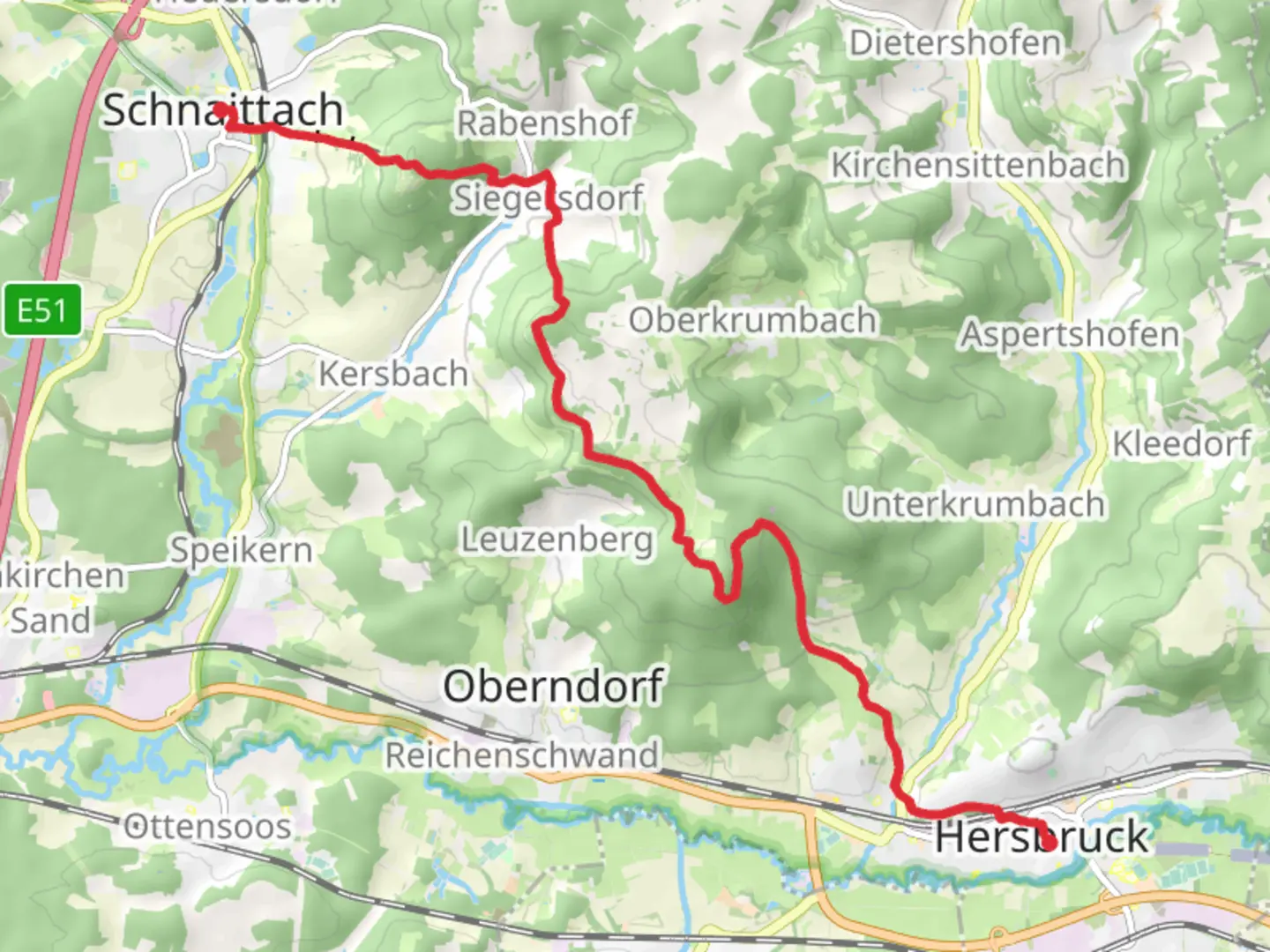 An image depicting the trail Schnaittach to Hersbruck via Hansgorgl and Franken Weg and its surrounding area.
