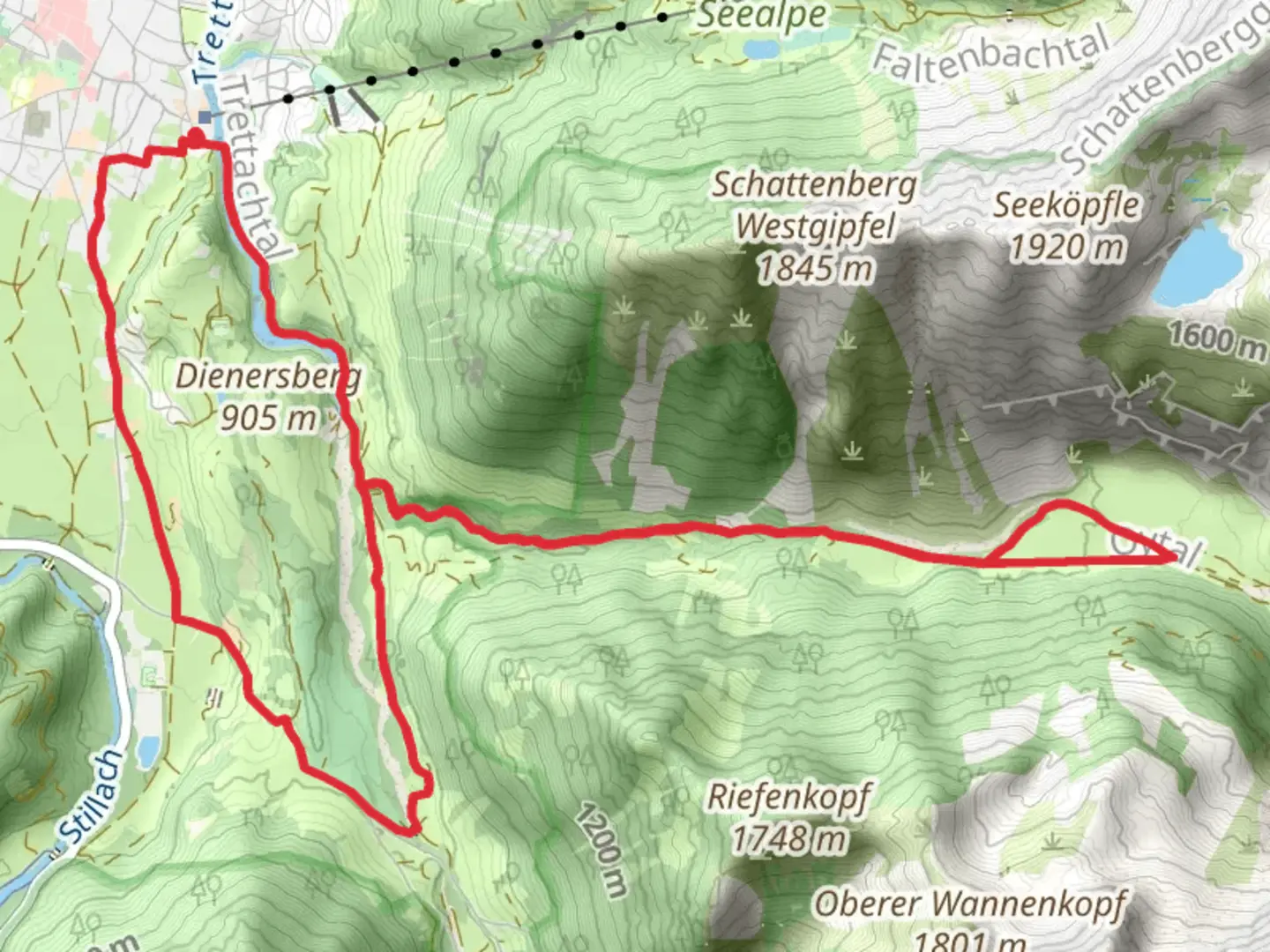 An image depicting the trail Trettach via Ein Wintertag im Trettachtal and Via Alpina Red and its surrounding area.