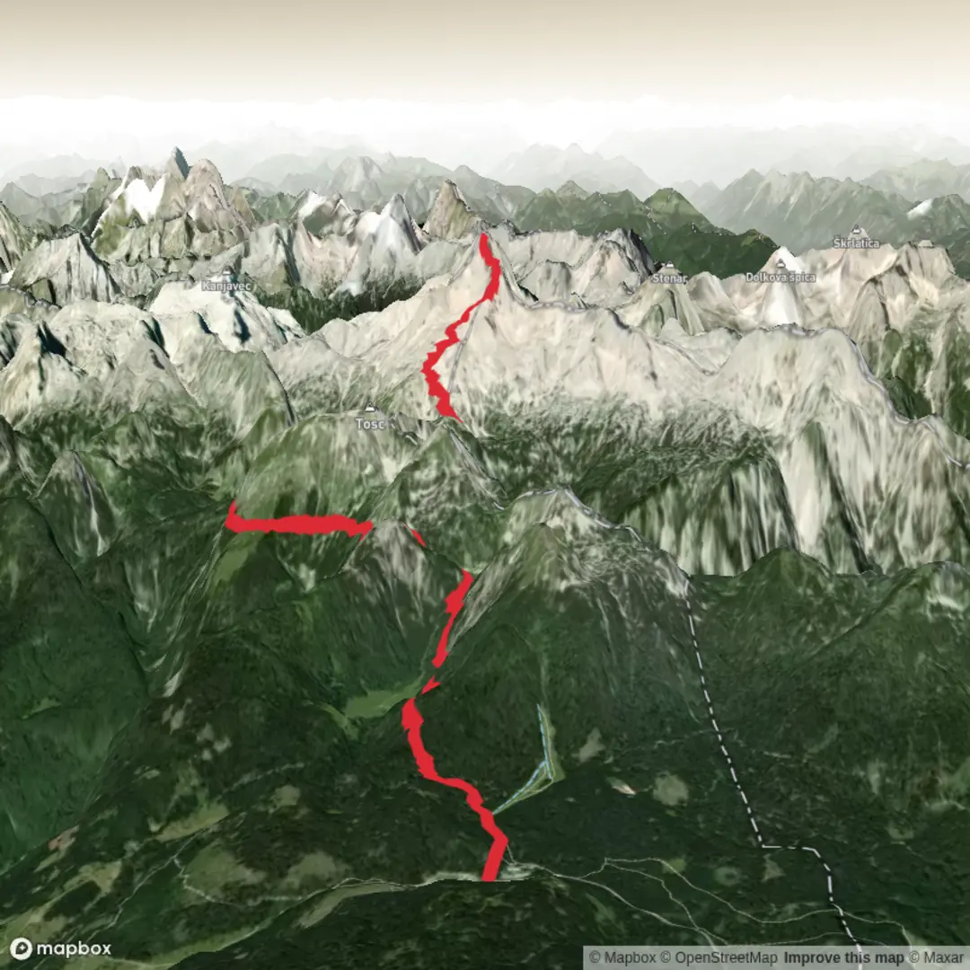 An image depicting the trail Triglav Via Vodnikov Dom & Dom Planika Refuge and its surrounding area.
