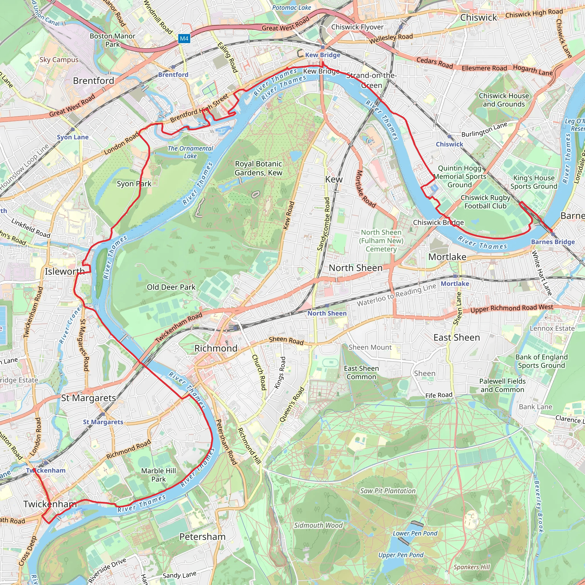 Barnes Bridge to Twickenham via Thames Path mobile static map