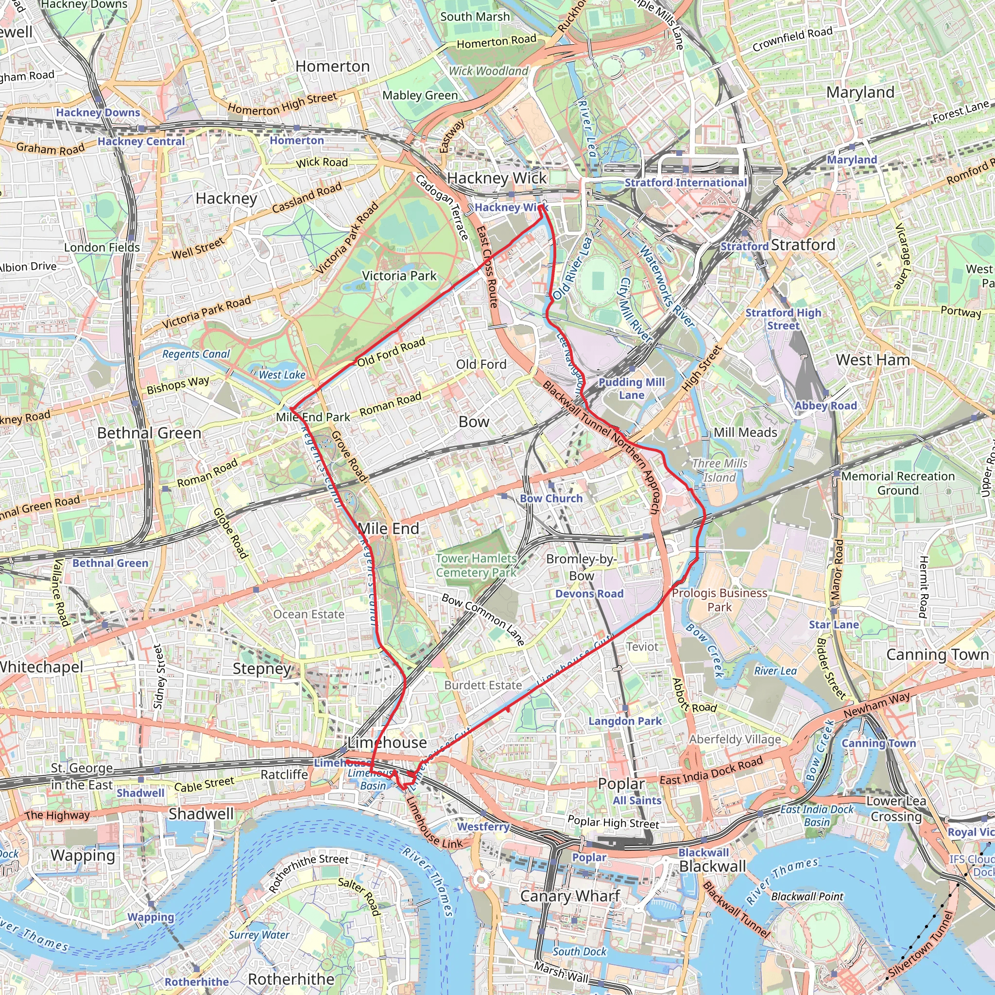 Limehouse to Hackney Wick Loop mobile static map