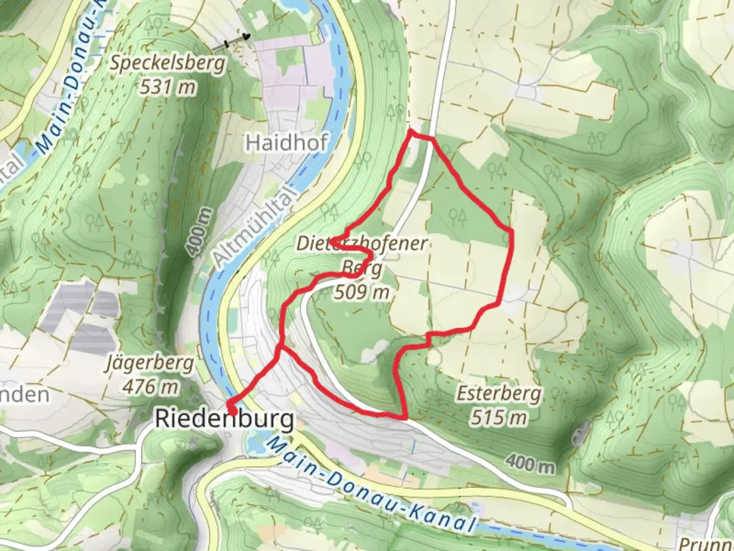 An image depicting the trail Schneiderkapelle, Fischerei und Naturlehrpfad and Dieterznofen Loop - Riedenburg and its surrounding area.