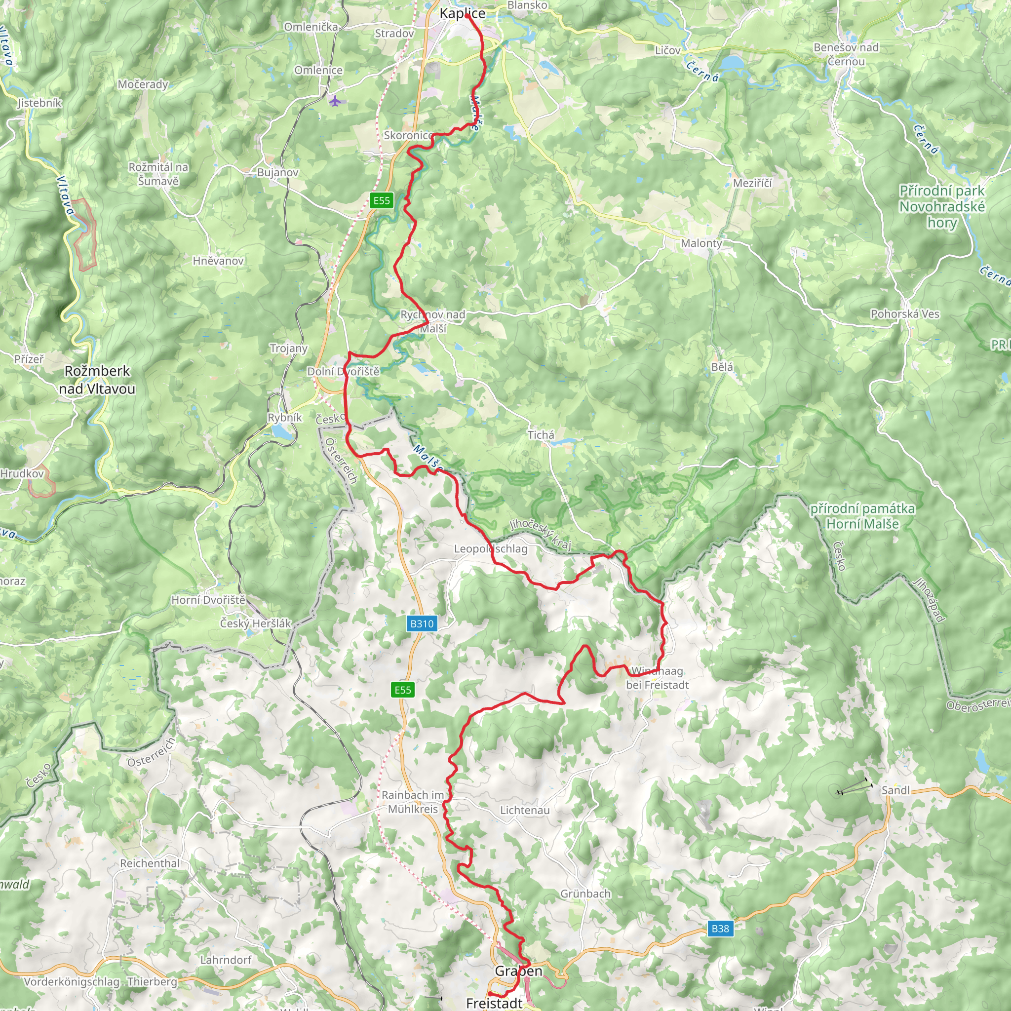 Freistadt to Kaplice mobile static map