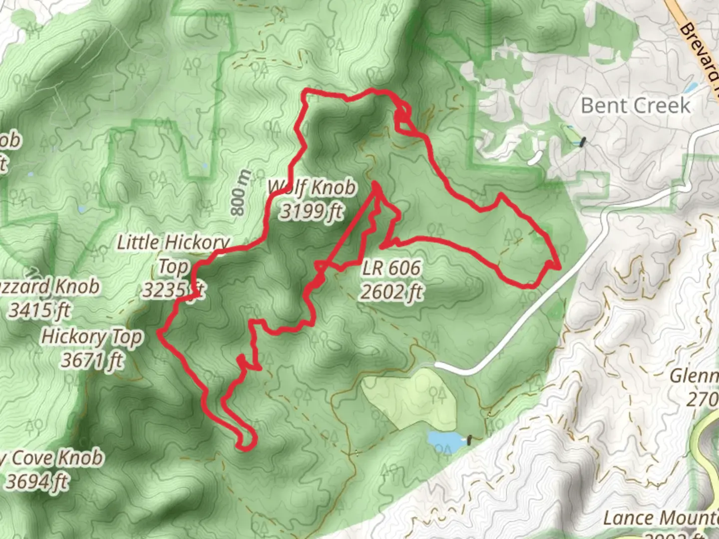 An image depicting the trail North Boundary Road and Wolf Branch Trail and its surrounding area.