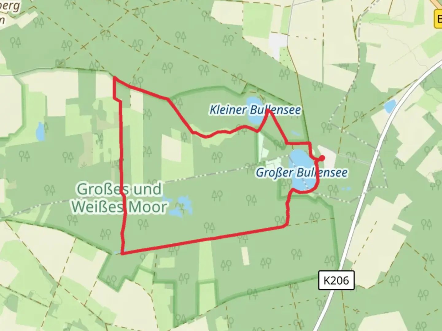 An image depicting the trail Grosser Bullensee via Kleine Moorrunde Rotenburg and its surrounding area.