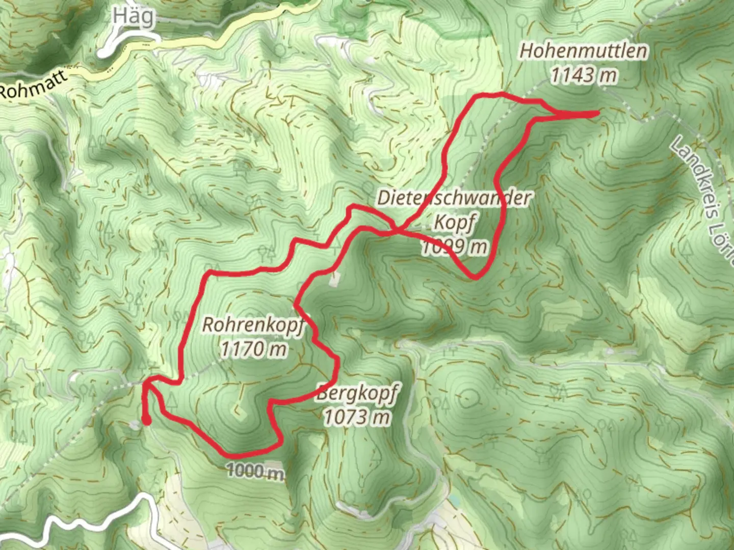 An image depicting the trail Obere Hohle Tanne via Westweg and Laipen Weg and its surrounding area.