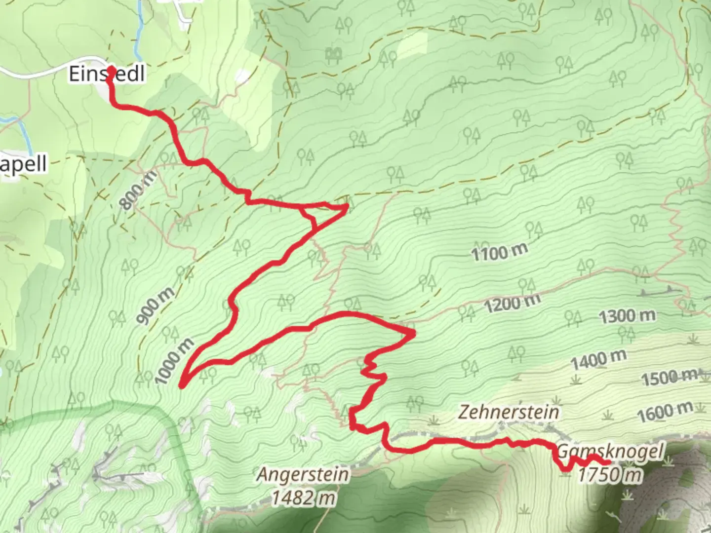 An image depicting the trail Gamsknogel via Maximilians Weg and its surrounding area.