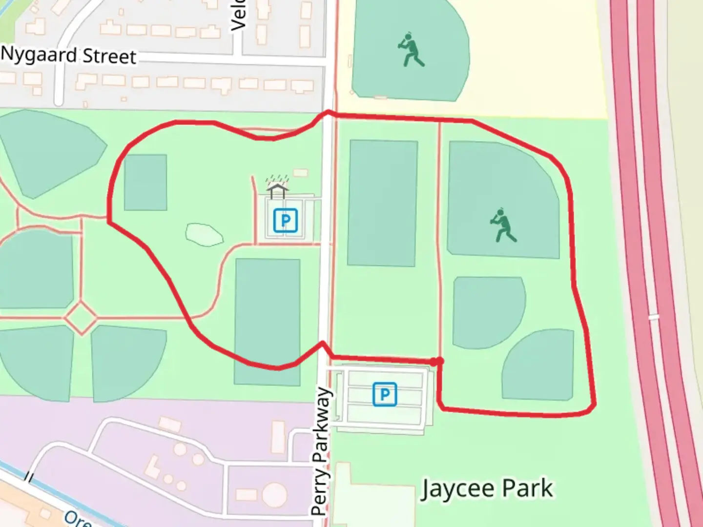 An image depicting the trail Perry Parkway Loop and its surrounding area.