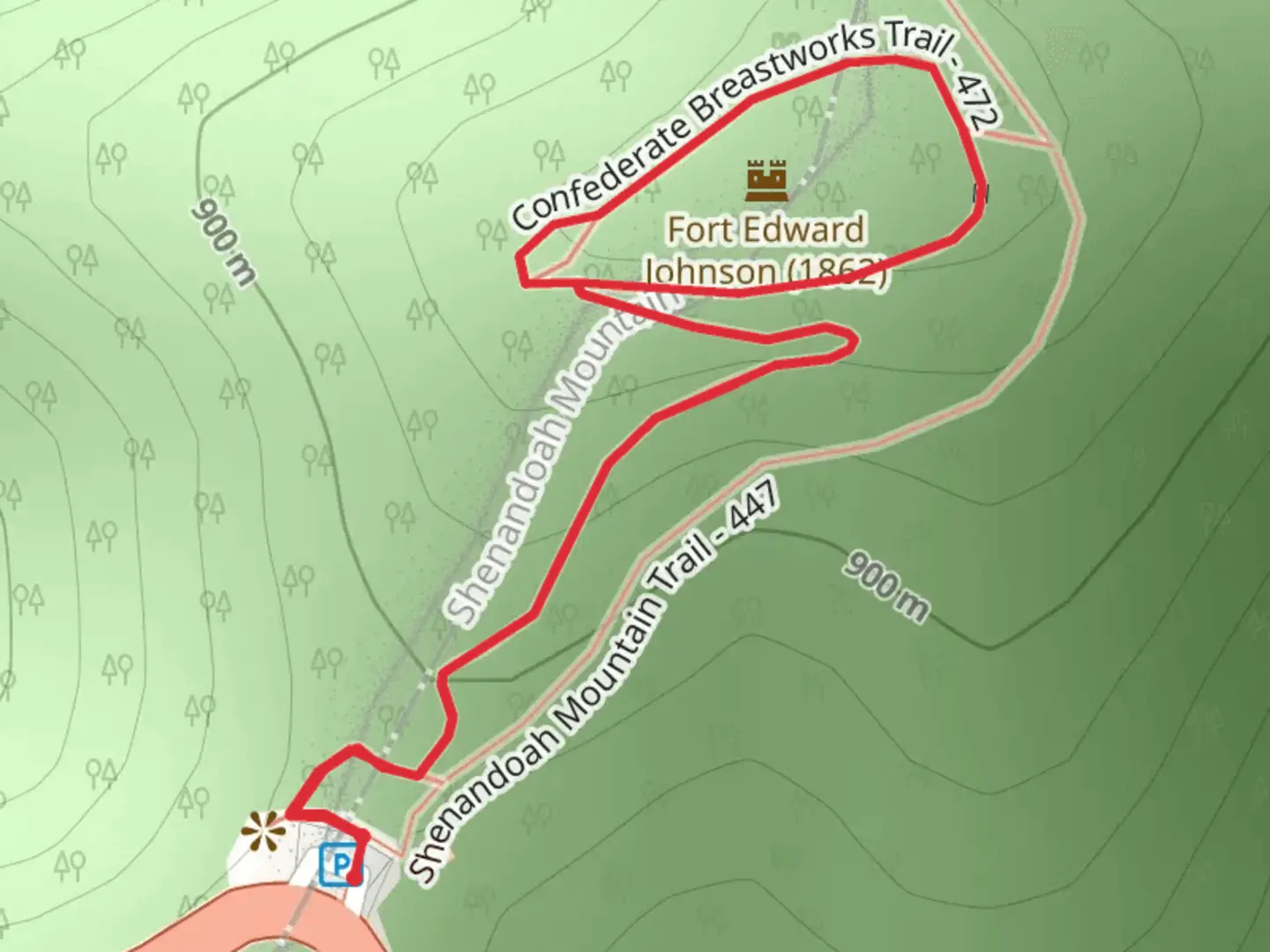 An image depicting the trail Confederate Breastworks Loop Trail and its surrounding area.