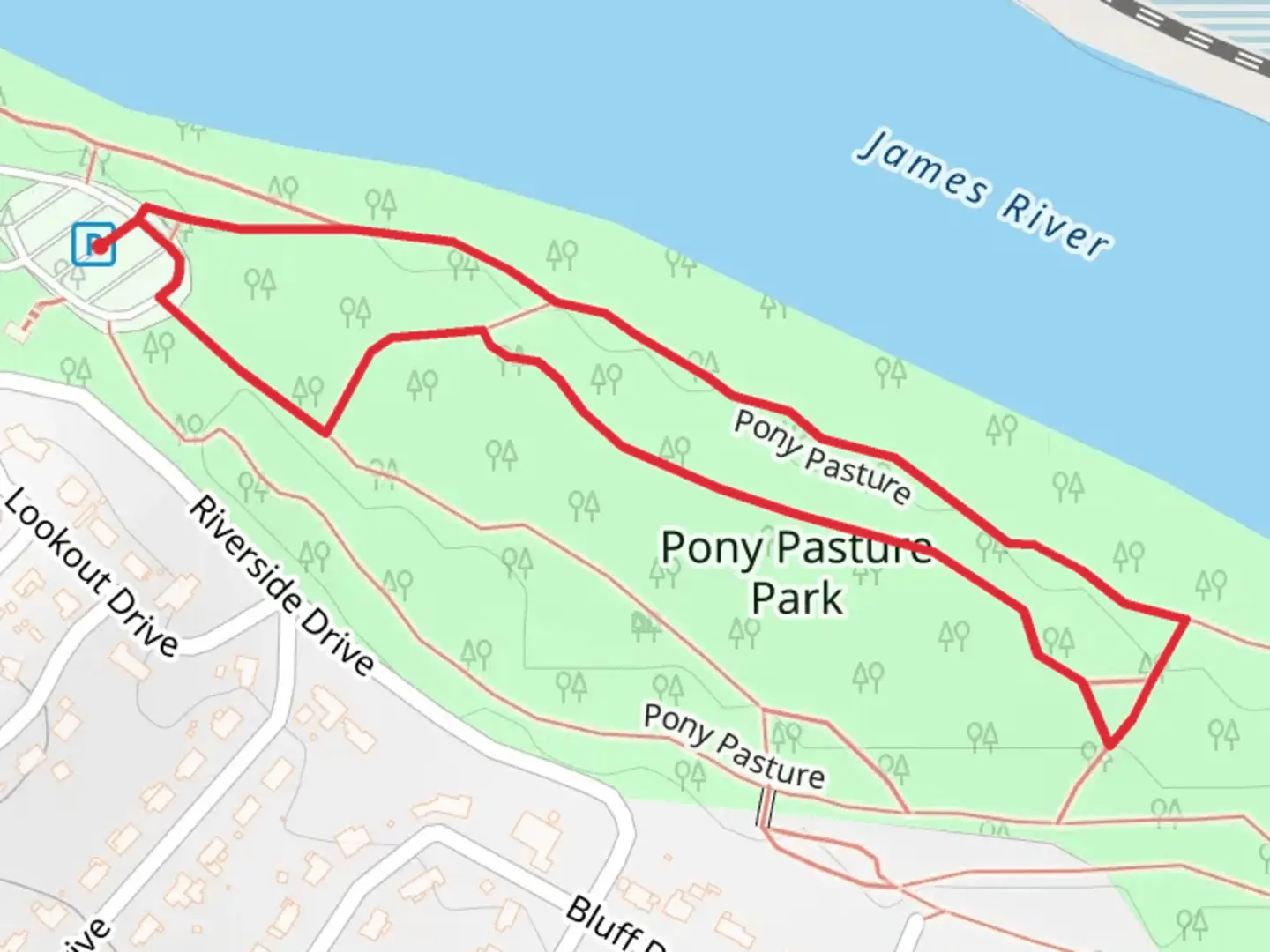 An image depicting the trail Pony Pasture Loop and its surrounding area.