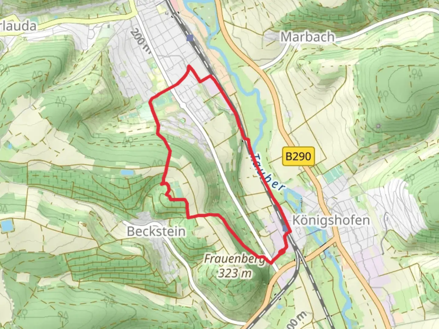 An image depicting the trail Panoramaweg Taubertal and Main Neckar Rhein Weg and its surrounding area.