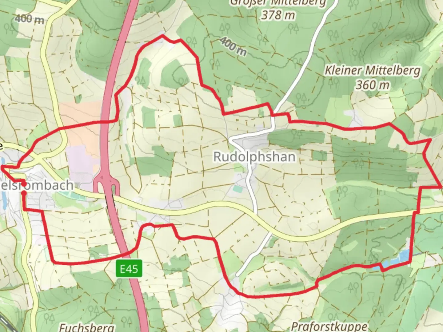 An image depicting the trail Praforst Teiche via Michelsrombach Rhoen and its surrounding area.