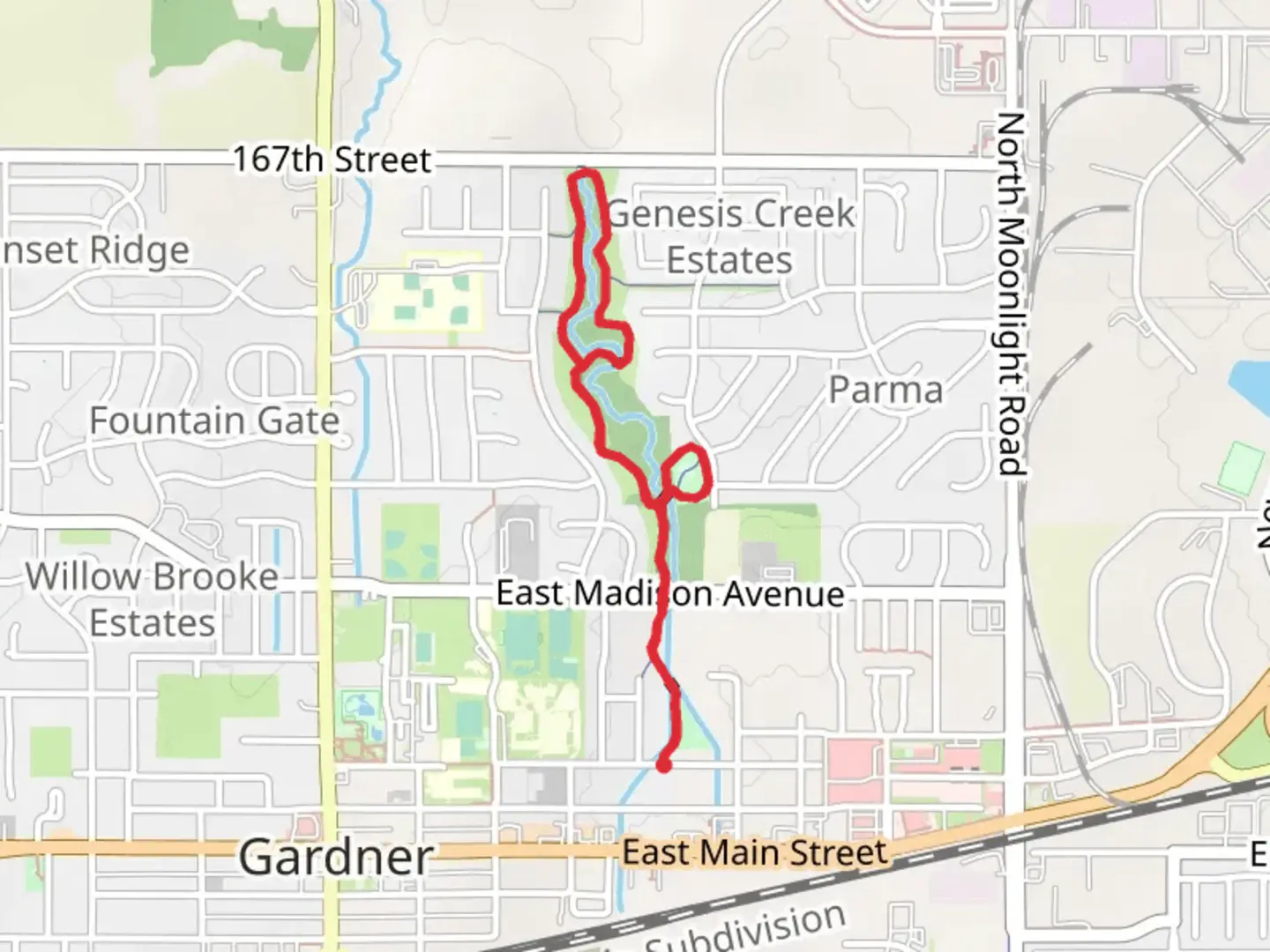 An image depicting the trail Brookside Park and Winwood Park Loop and its surrounding area.