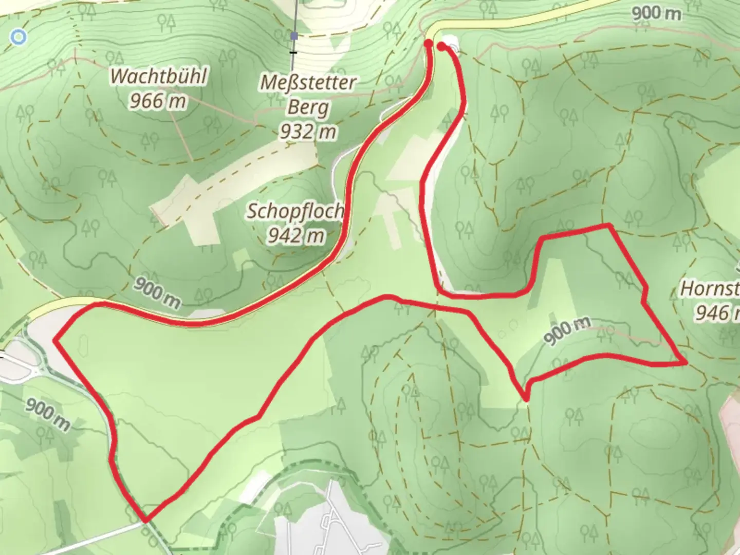An image depicting the trail Schopfloch and Hornstein Loop and its surrounding area.