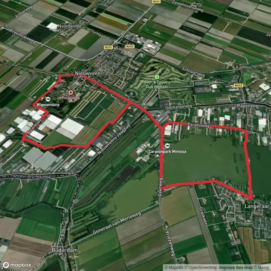 An image depicting the trail Geer Weg, Langeraarse Weg and Kerkpad Loop and its surrounding area.