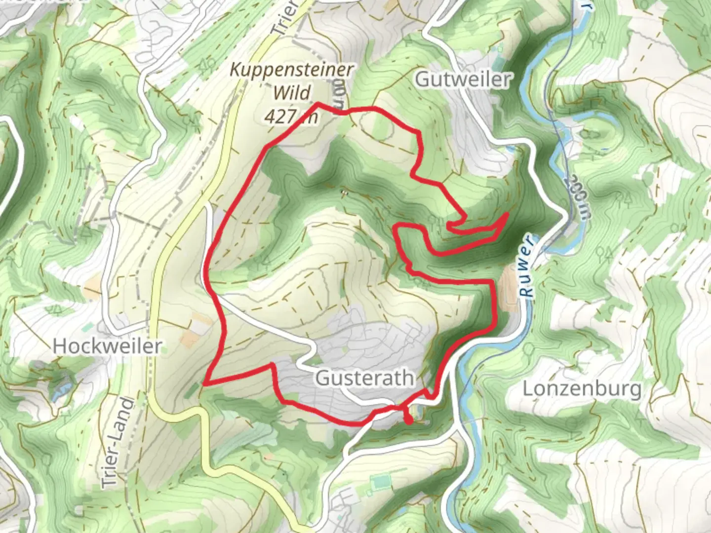 An image depicting the trail Jungenwald, Gutweiler Berg and Wacken Wild Loop - Gusterath and its surrounding area.