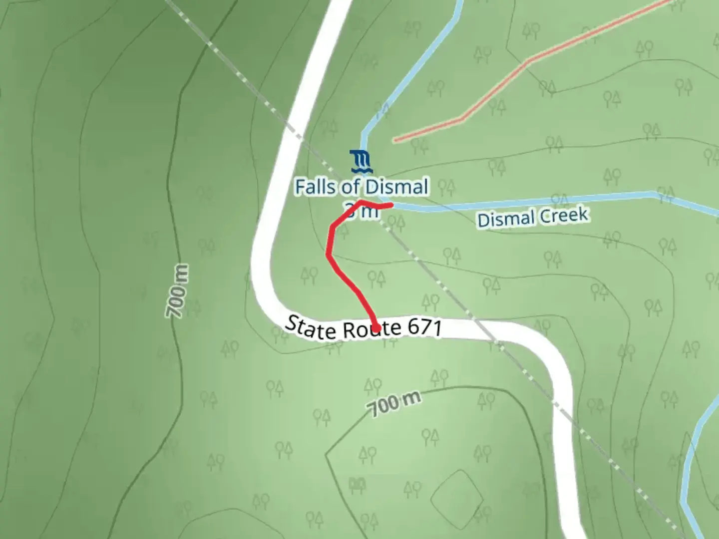 An image depicting the trail Dismal Falls and Dismal Creek Trail and its surrounding area.