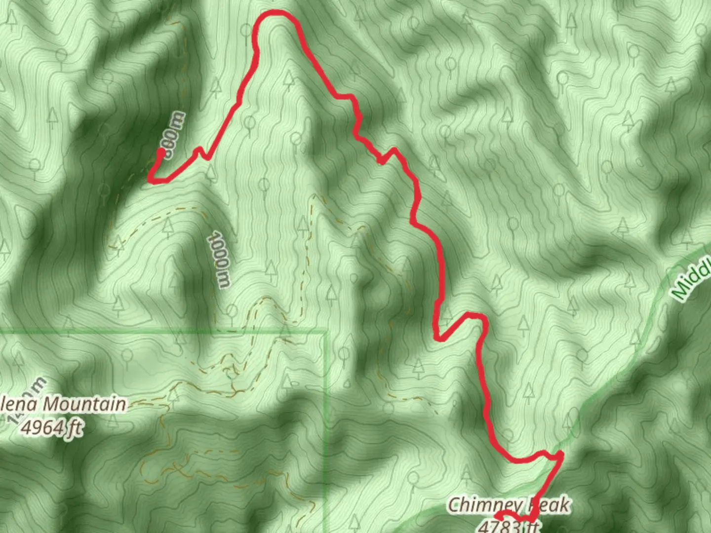 An image depicting the trail Chimney Peak via Mcquade Creek Trail and its surrounding area.