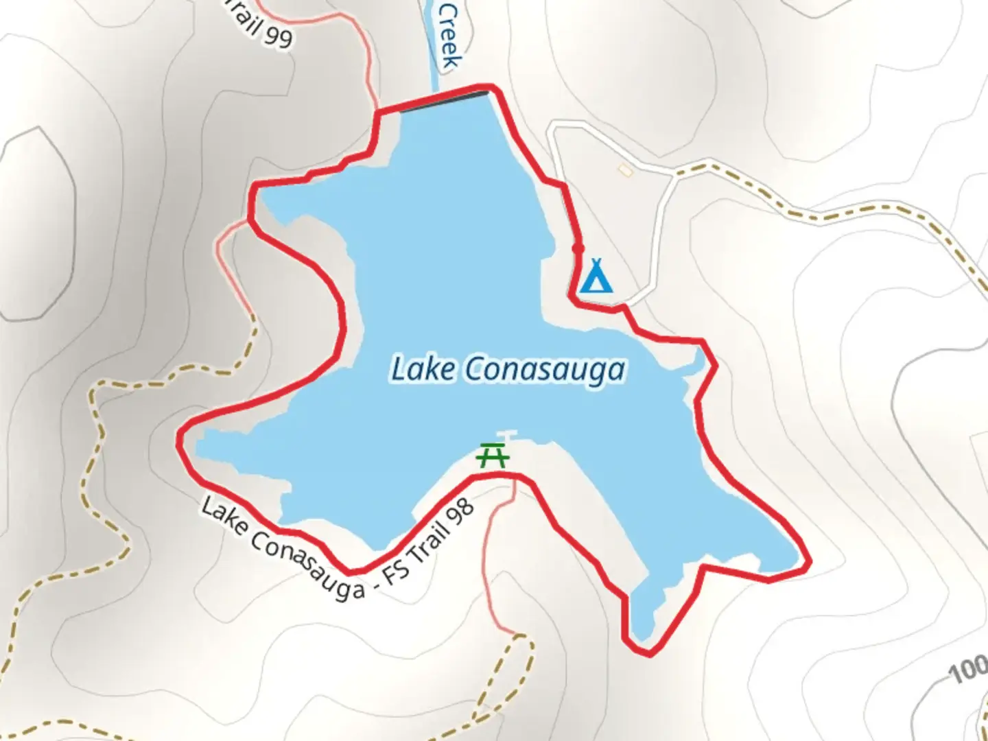 An image depicting the trail Lake Conasauga Loop and its surrounding area.