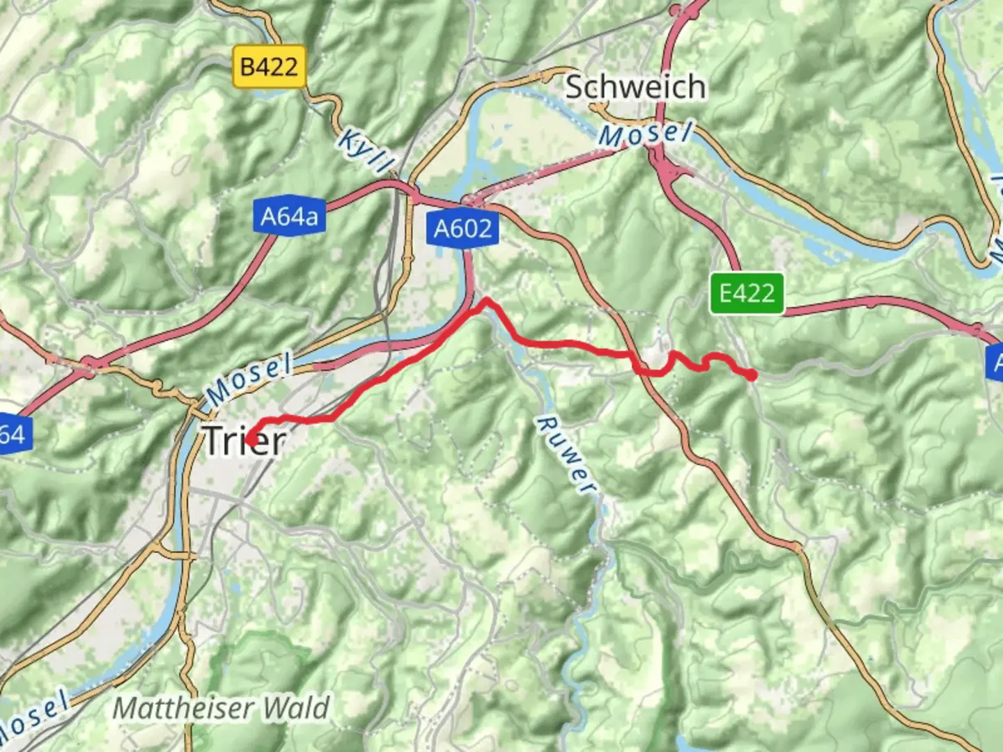 An image depicting the trail Fell to Porta Nigra via Mosel Erlebnis Route and Mainz - Bingen - Trier and its surrounding area.