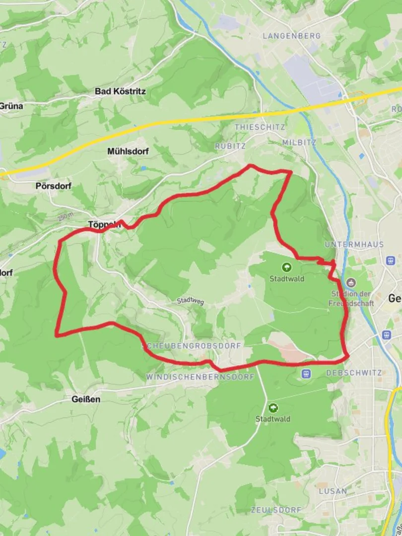 An image depicting the trail Geraer Stadt Loop via Lerchenberg and its surrounding area.