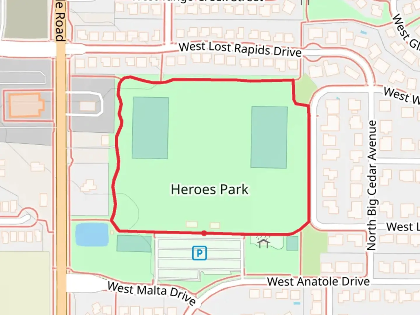 An image depicting the trail Heroes Park Loop and its surrounding area.