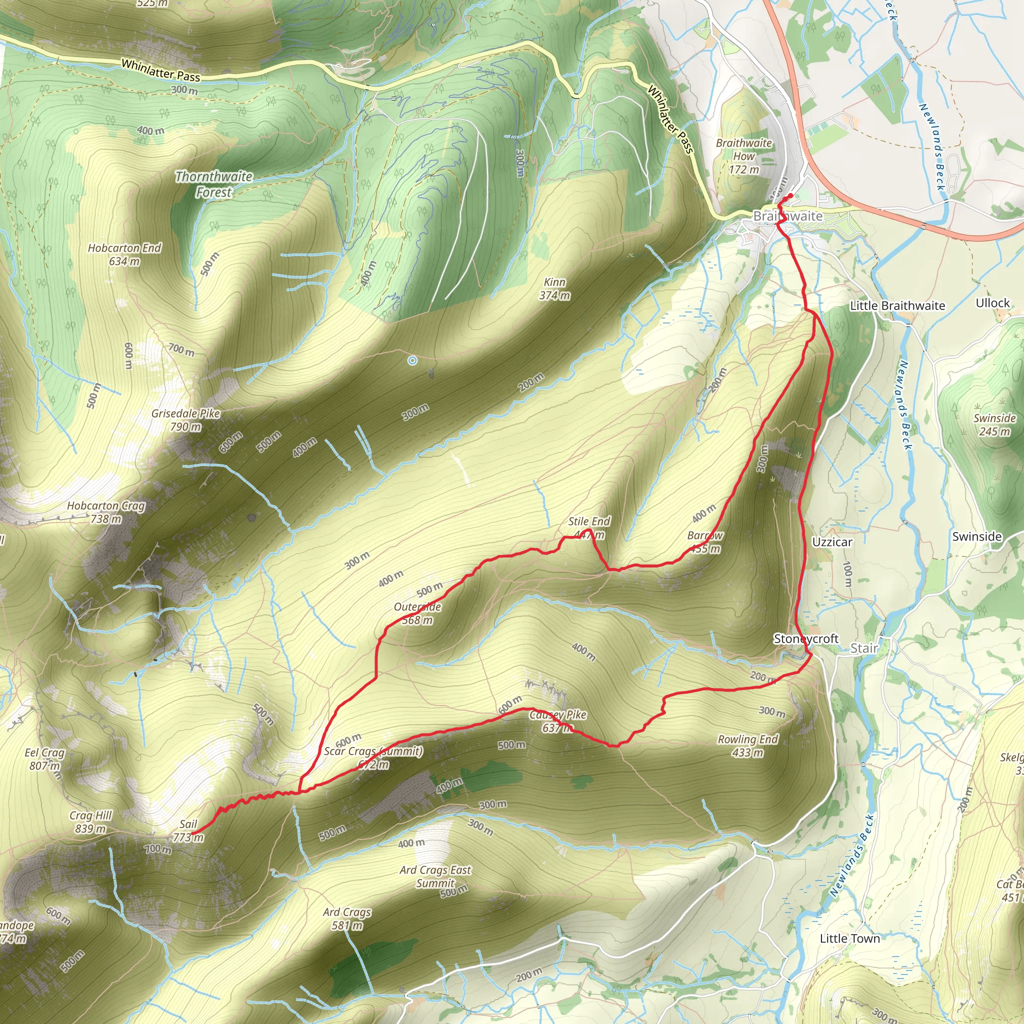 Barrow, Stile End, Sail and Causey Pike Loop - Braithwaite mobile static map
