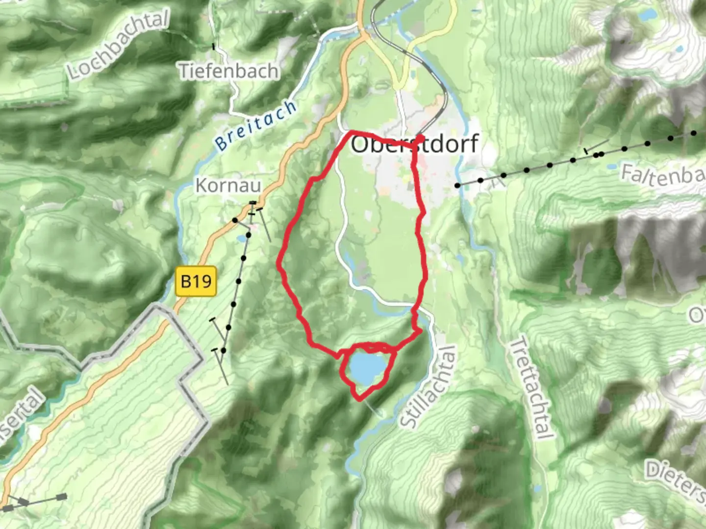 An image depicting the trail Freibergsee via Stillach and Oberallgaeuer Rundwanderweg and its surrounding area.