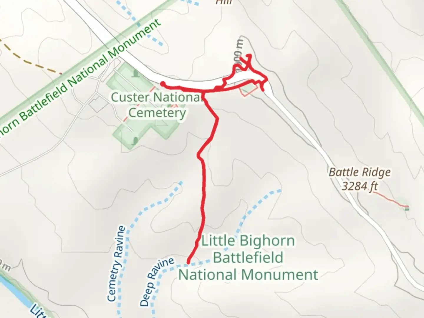 An image depicting the trail Last Stand Hill and its surrounding area.