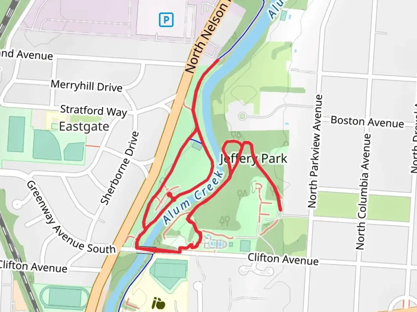 An image depicting the trail Amum Creek Trail and Jeffery Park Loop and its surrounding area.